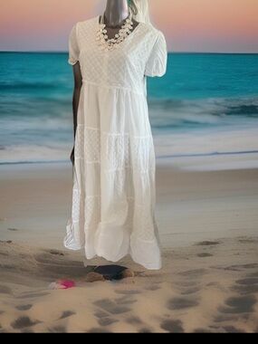 Mikarose Cream Cotton Maxi Dress with Subtle Floral size L The Eden